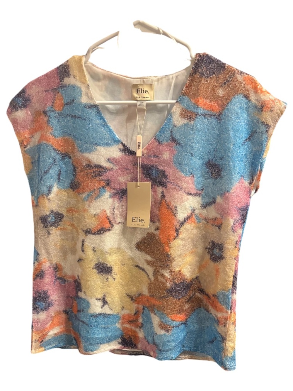 Elie Tahari Pink and Blue Sequin V-Neck Top